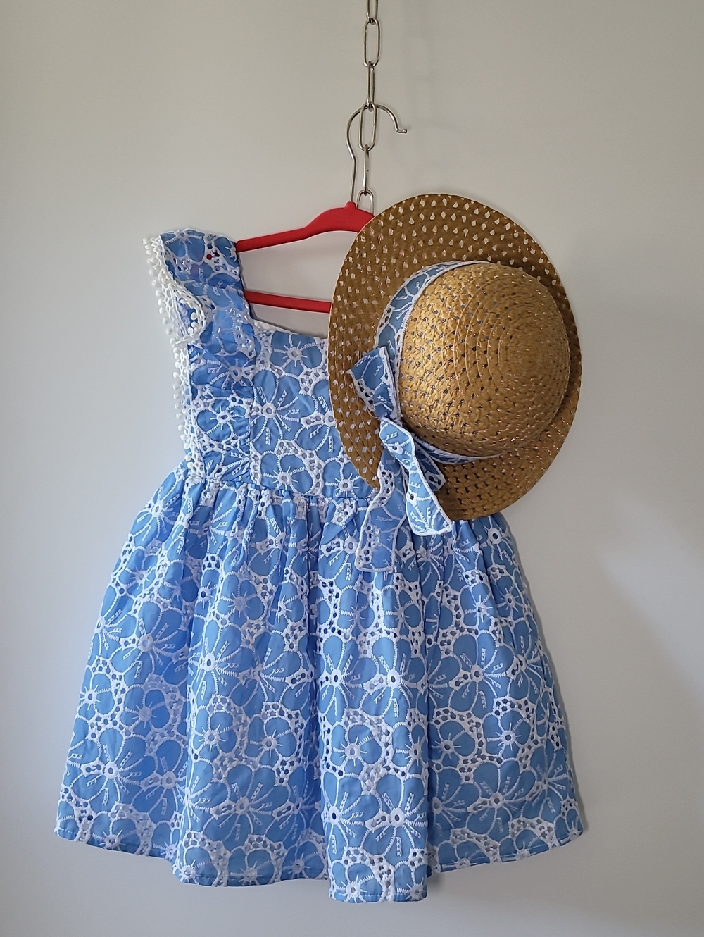 Blueberi Boulevard Blue and White Eyelet Dress with Straw Hat